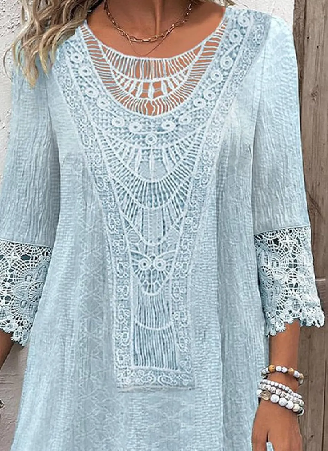 Womens Lace Desgin Unique Three Qiarter Sleeve Scoop Neck Mini Dress Elegant Semi Casual Shift Daily Date Dress