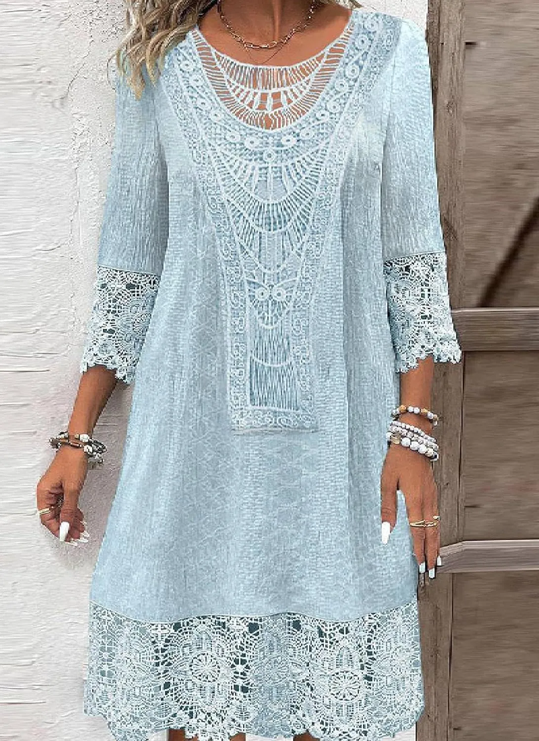 Womens Lace Desgin Unique Three Qiarter Sleeve Scoop Neck Mini Dress Elegant Semi Casual Shift Daily Date Dress
