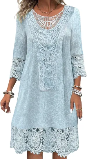 Womens Lace Desgin Unique Three Qiarter Sleeve Scoop Neck Mini Dress Elegant Semi Casual Shift Daily Date Dress