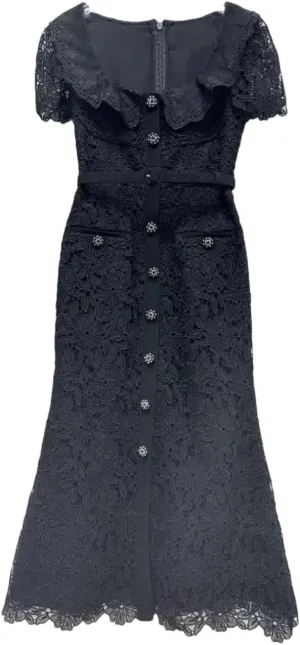 Women's Lace Embroidery Party Prom Evening Dress Summer Short Sleeve Button Long Dress Black