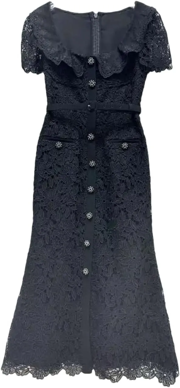 Women's Lace Embroidery Party Prom Evening Dress Summer Short Sleeve Button Long Dress Black