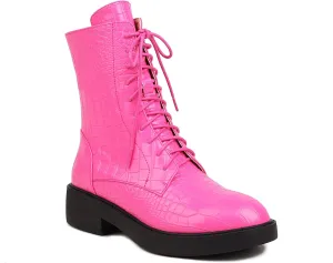 Women's Lace Up Combat Boots Chunky Heel Ankle Booties Round Toe Side Zipper Biker Boot Crocodile Pattern Shoes for Ladies Hot Pink 9
