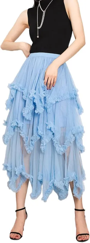 Women's Layered Tulle Long Skirt Solid Color Frill Trim Ruffle A-line Midi Skirt Summer Club Party Skirt