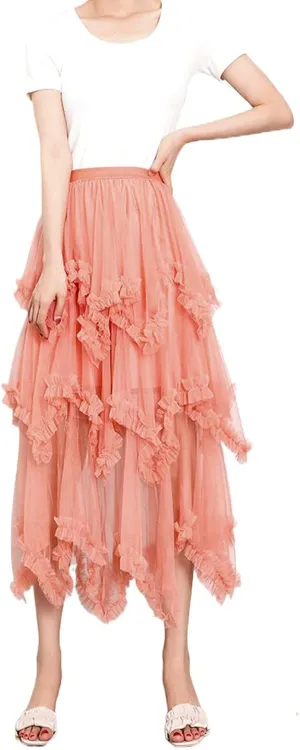 Women's Layered Tulle Long Skirt Solid Color Frill Trim Ruffle A-line Midi Skirt Summer Club Party Skirt