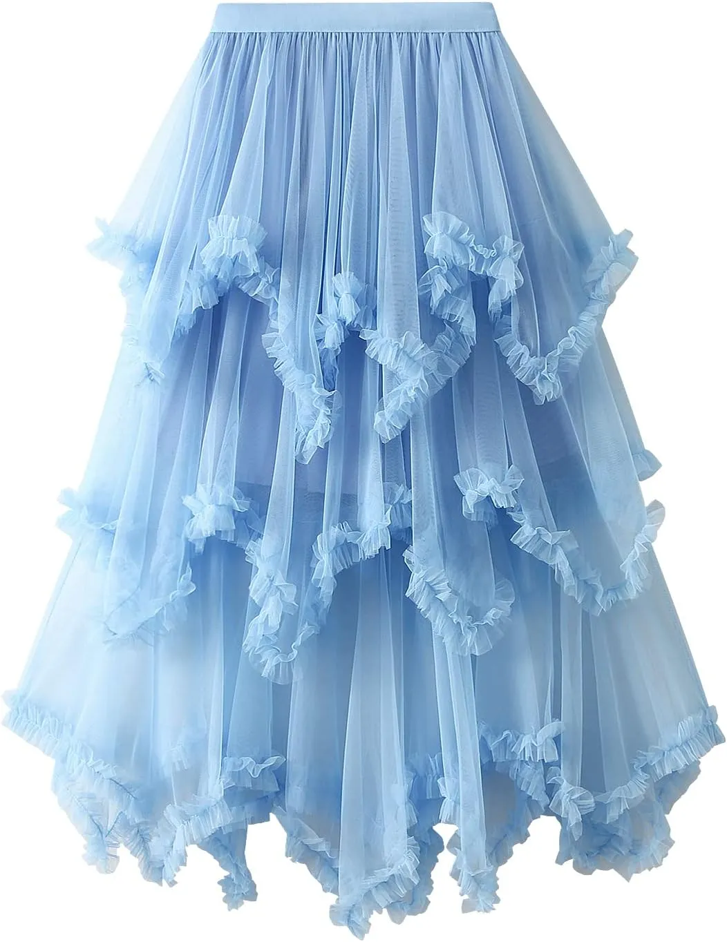 Women's Layered Tulle Long Skirt Solid Color Frill Trim Ruffle A-line Midi Skirt Summer Club Party Skirt