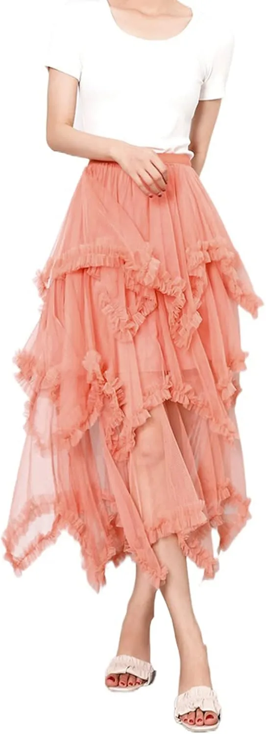 Women's Layered Tulle Long Skirt Solid Color Frill Trim Ruffle A-line Midi Skirt Summer Club Party Skirt