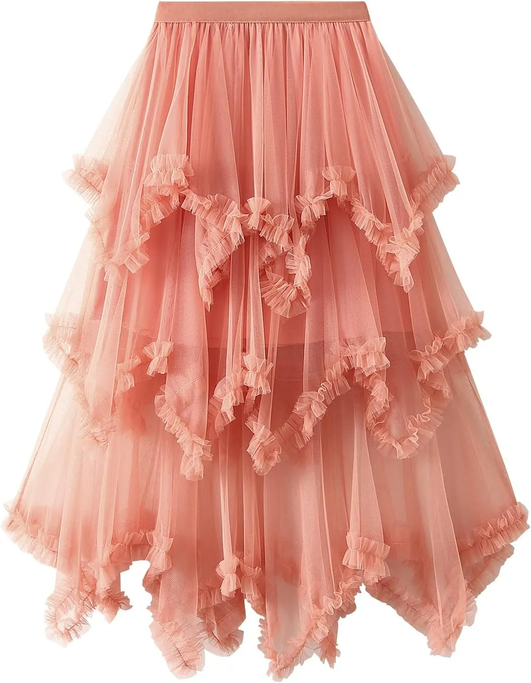 Women's Layered Tulle Long Skirt Solid Color Frill Trim Ruffle A-line Midi Skirt Summer Club Party Skirt