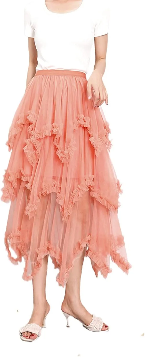 Women's Layered Tulle Long Skirt Solid Color Frill Trim Ruffle A-line Midi Skirt Summer Club Party Skirt