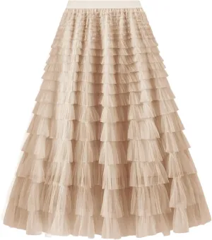 Women's Layered Tulle Skirts A Line Ruffle High Waisted Mesh Long Maxi Skirt Petticoat