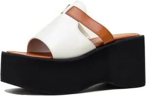 Women's Leather Colorblock Round Open Toe Platform Slide Sandals Slip-On Comfortable Non-Slip Chunky Wedge Arch Support Walking Slippers Summer Outdoor Beach Sandals