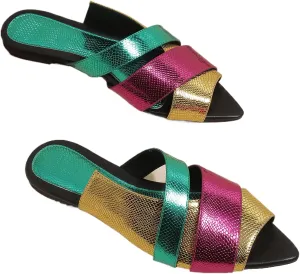 Women's Leather Fashion Flat Slides Sandals Comfort Summer Slip On Pointed Open Toe Slingback Casual Sandals for Outdoor Party Walking Beach