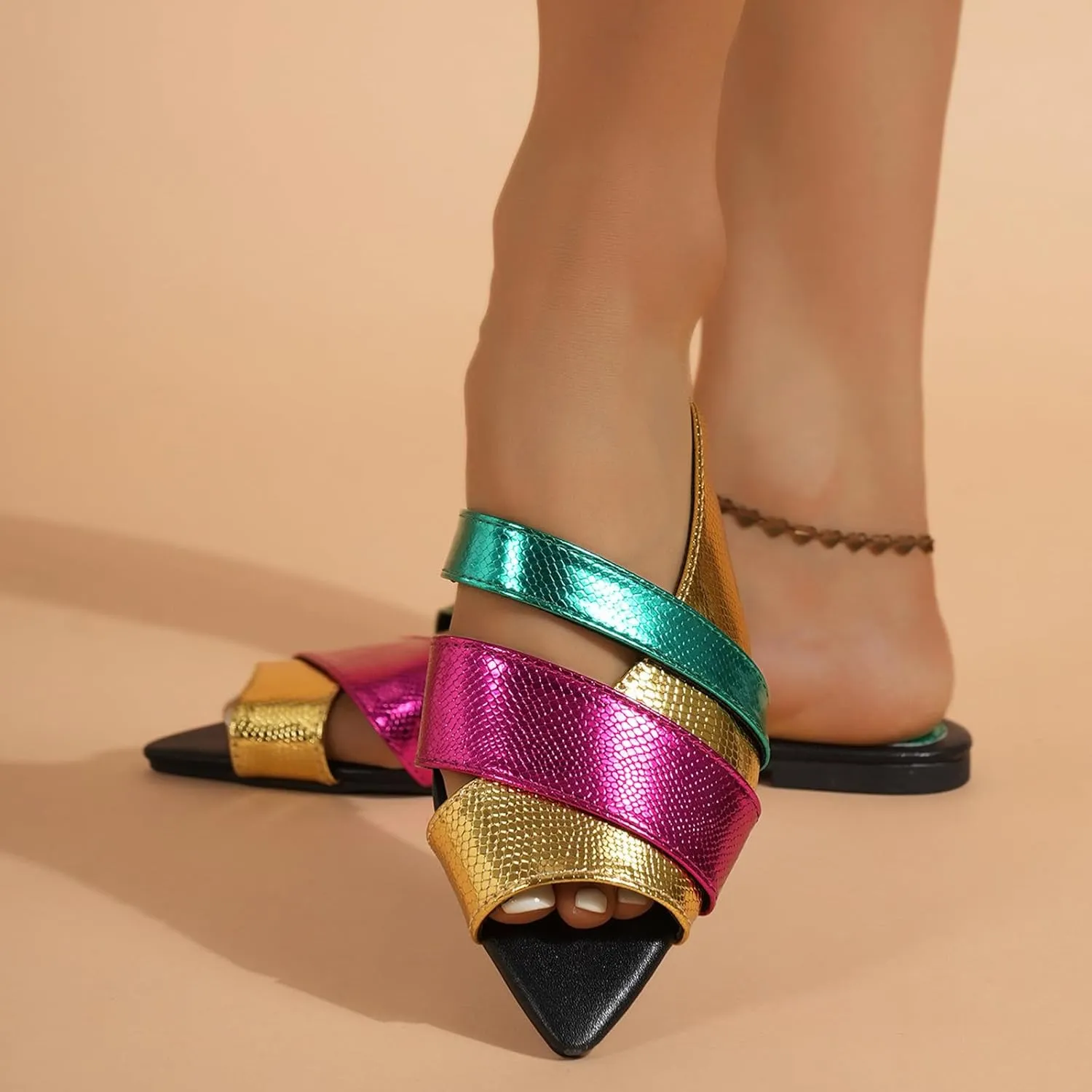 Women's Leather Fashion Flat Slides Sandals Comfort Summer Slip On Pointed Open Toe Slingback Casual Sandals for Outdoor Party Walking Beach