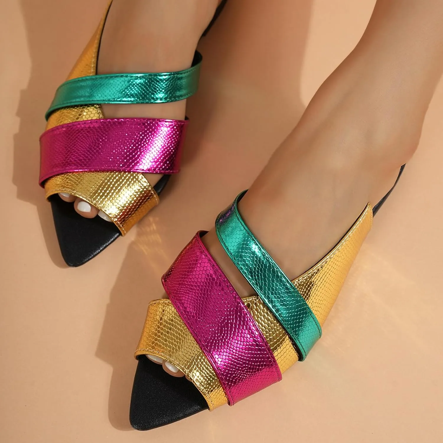 Women's Leather Fashion Flat Slides Sandals Comfort Summer Slip On Pointed Open Toe Slingback Casual Sandals for Outdoor Party Walking Beach