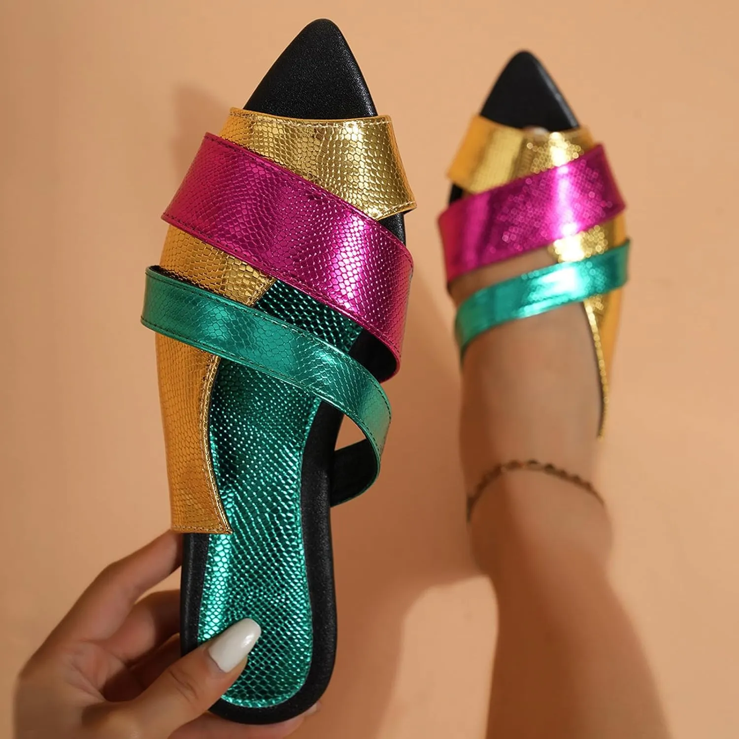 Women's Leather Fashion Flat Slides Sandals Comfort Summer Slip On Pointed Open Toe Slingback Casual Sandals for Outdoor Party Walking Beach