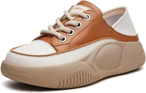 Women's Leather Lace Up Platform Sneakers,Comfortable Round Toe Increase Height Casual Walking Sport Shoes Fashion Breathable Slip-On Anti-Slip Running Sneakers