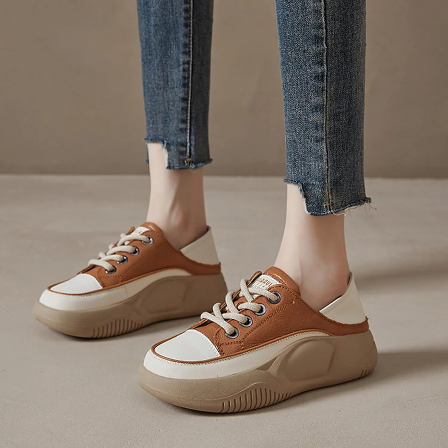 Women's Leather Lace Up Platform Sneakers,Comfortable Round Toe Increase Height Casual Walking Sport Shoes Fashion Breathable Slip-On Anti-Slip Running Sneakers