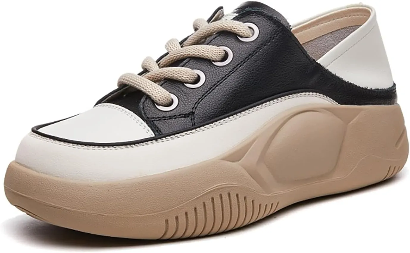 Women's Leather Lace Up Platform Sneakers,Comfortable Round Toe Increase Height Casual Walking Sport Shoes Fashion Breathable Slip-On Anti-Slip Running Sneakers