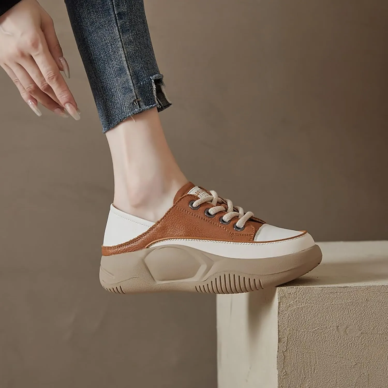 Women's Leather Lace Up Platform Sneakers,Comfortable Round Toe Increase Height Casual Walking Sport Shoes Fashion Breathable Slip-On Anti-Slip Running Sneakers