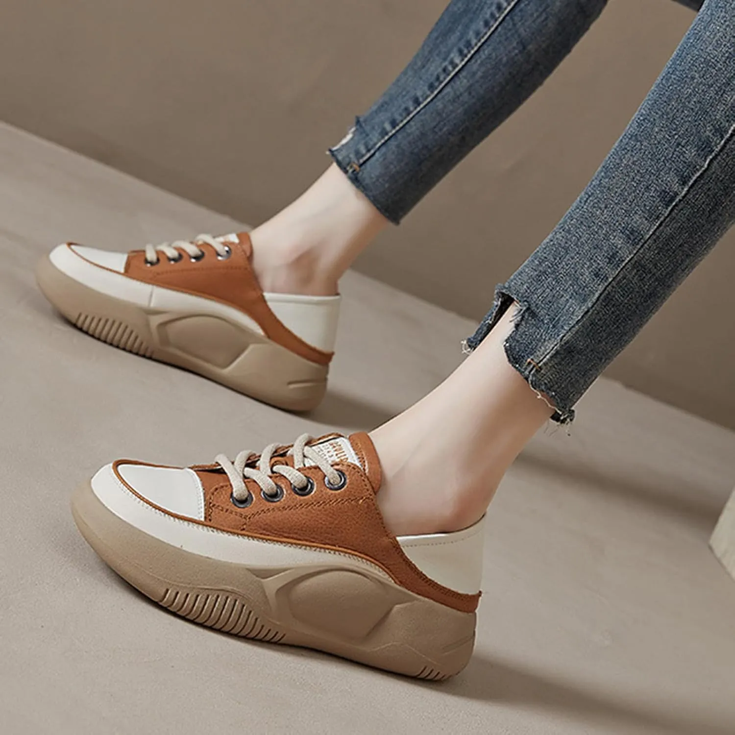 Women's Leather Lace Up Platform Sneakers,Comfortable Round Toe Increase Height Casual Walking Sport Shoes Fashion Breathable Slip-On Anti-Slip Running Sneakers