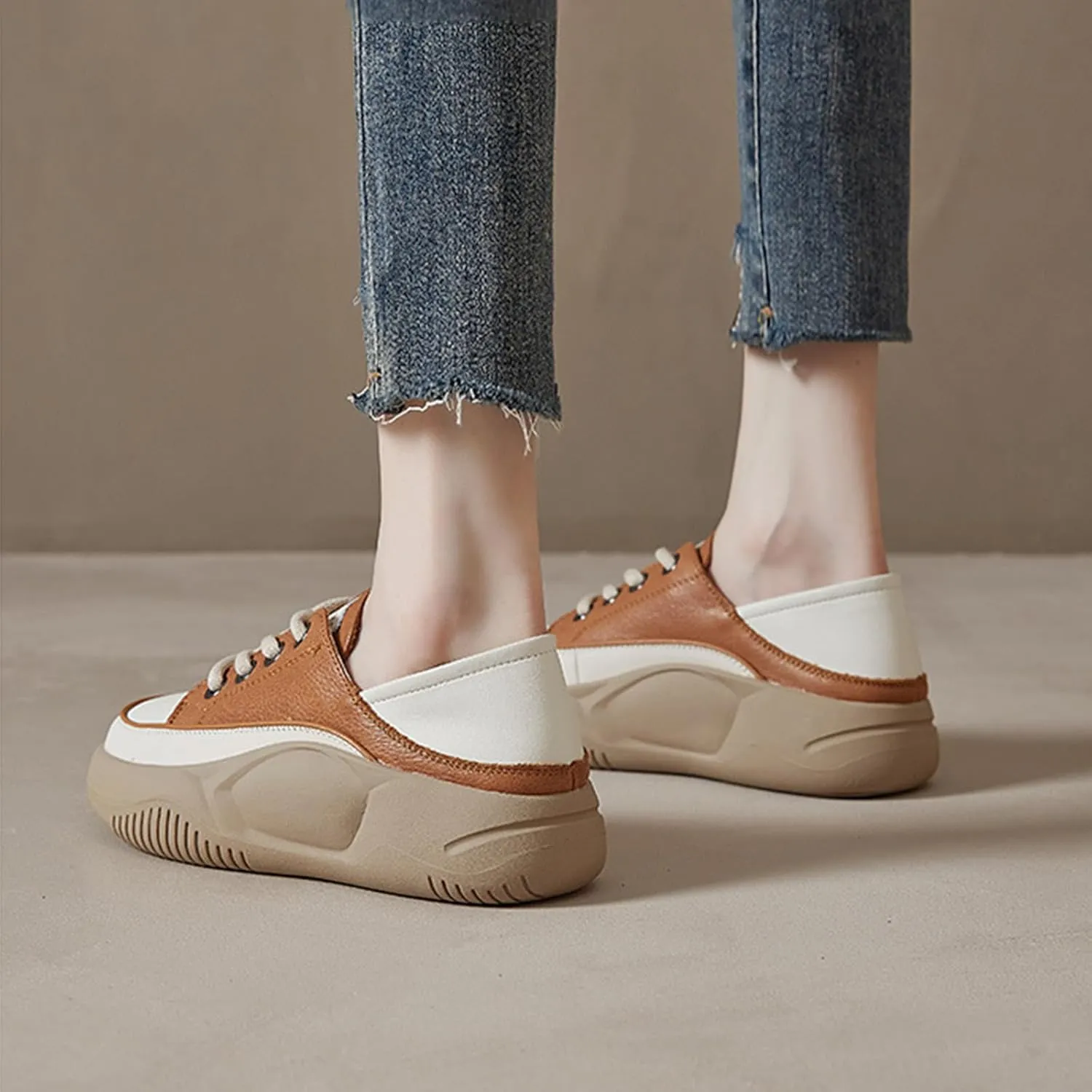 Women's Leather Lace Up Platform Sneakers,Comfortable Round Toe Increase Height Casual Walking Sport Shoes Fashion Breathable Slip-On Anti-Slip Running Sneakers