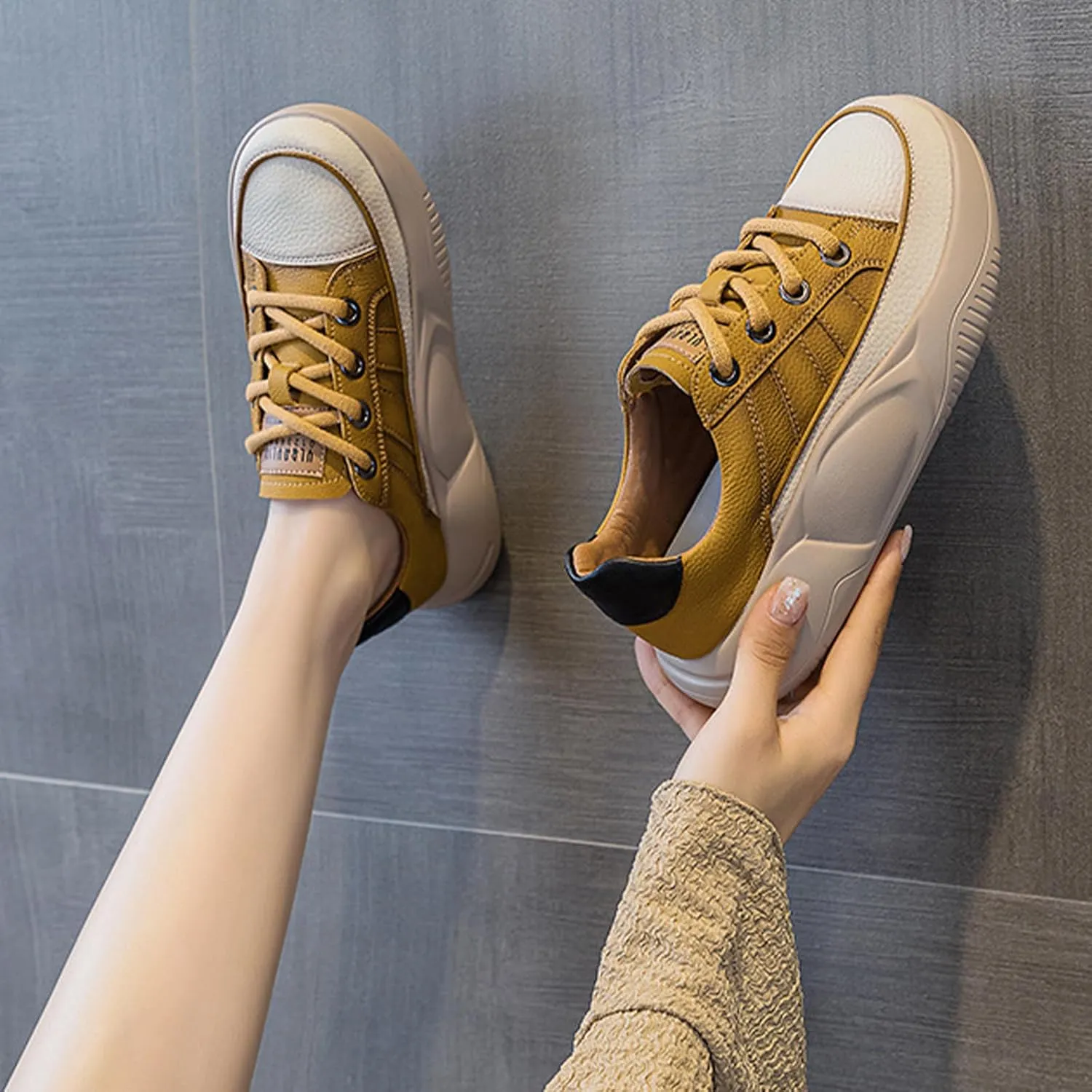 Women's Leather Platform Sneakers Lace Up Round Toe Tennis Shoes Casual Comfortable Walking Shoes