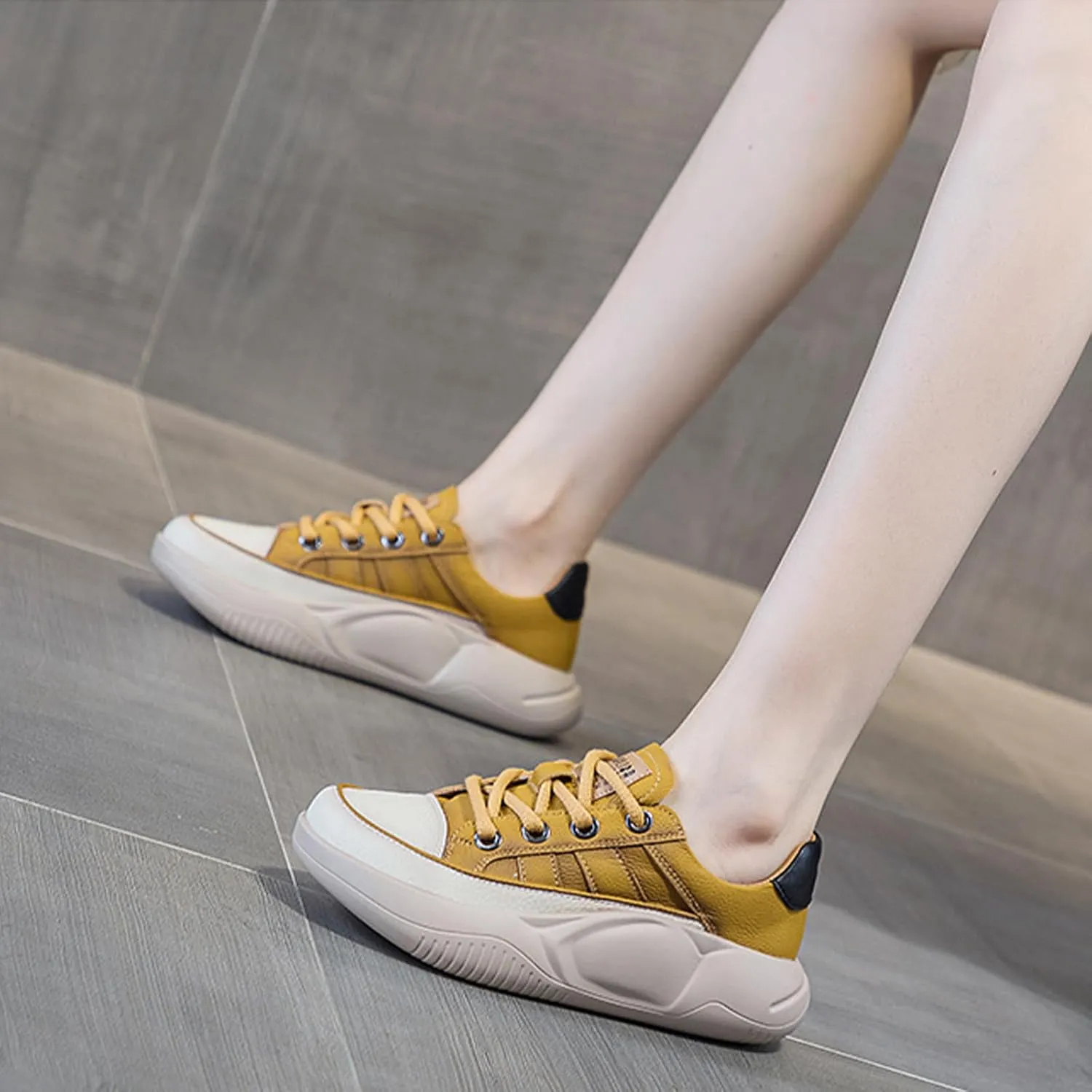Women's Leather Platform Sneakers Lace Up Round Toe Tennis Shoes Casual Comfortable Walking Shoes