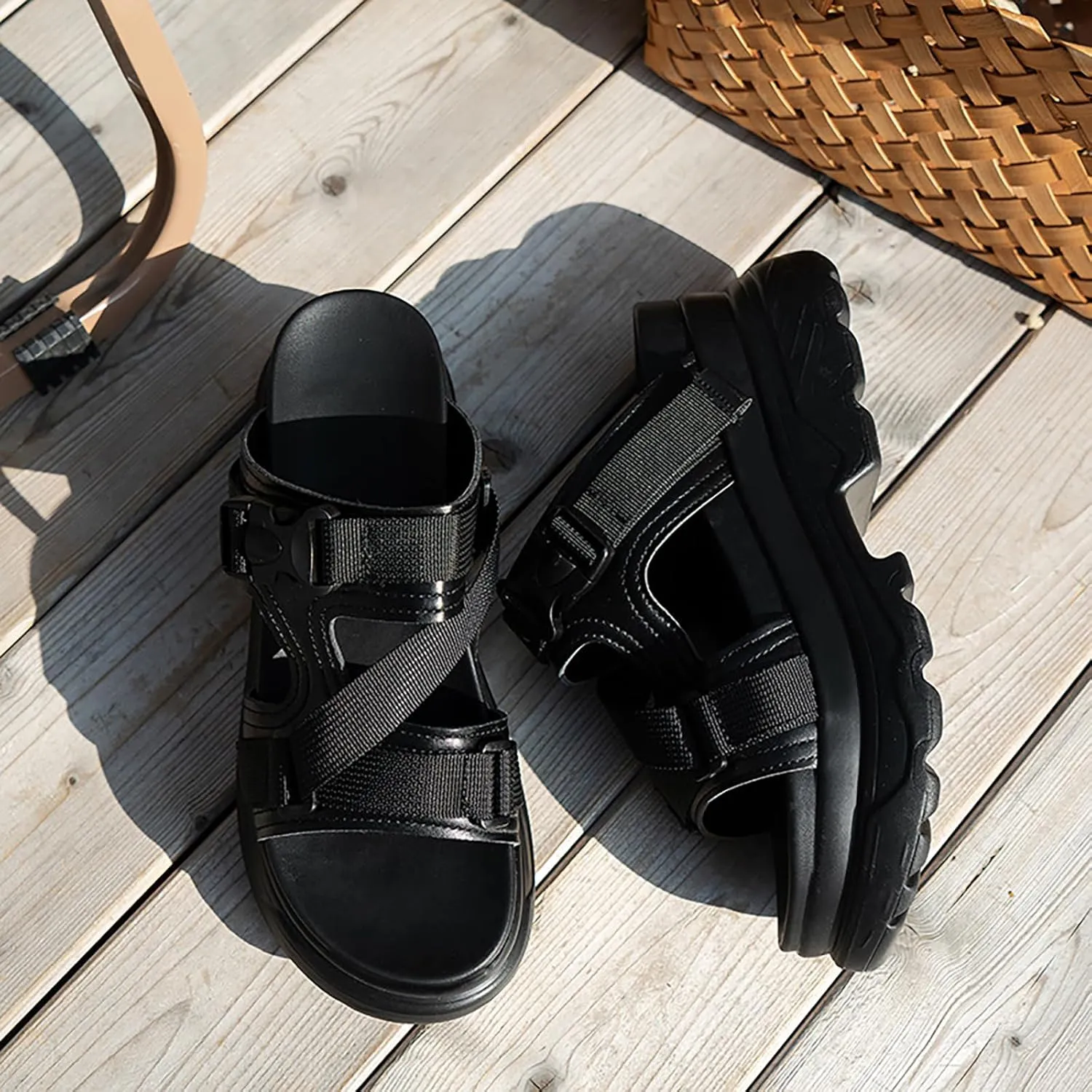 Women's Leather Round Open Toe Adjustable Buckle Platform Slide Sandals Fashion Slip-On Comfort Chunky Wedge Arch Support Sandals Summer Casual Non-Slip Walking Beach Slippers