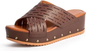 Women's Leather Studded Wedge Slide Sandals Fashion Open Toe Non-Slip Slip-On Platform Slippers For Outdoor Summer Beach Walking