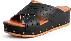 Women's Leather Studded Wedge Slide Sandals Fashion Open Toe Non-Slip Slip-On Platform Slippers For Outdoor Summer Beach Walking
