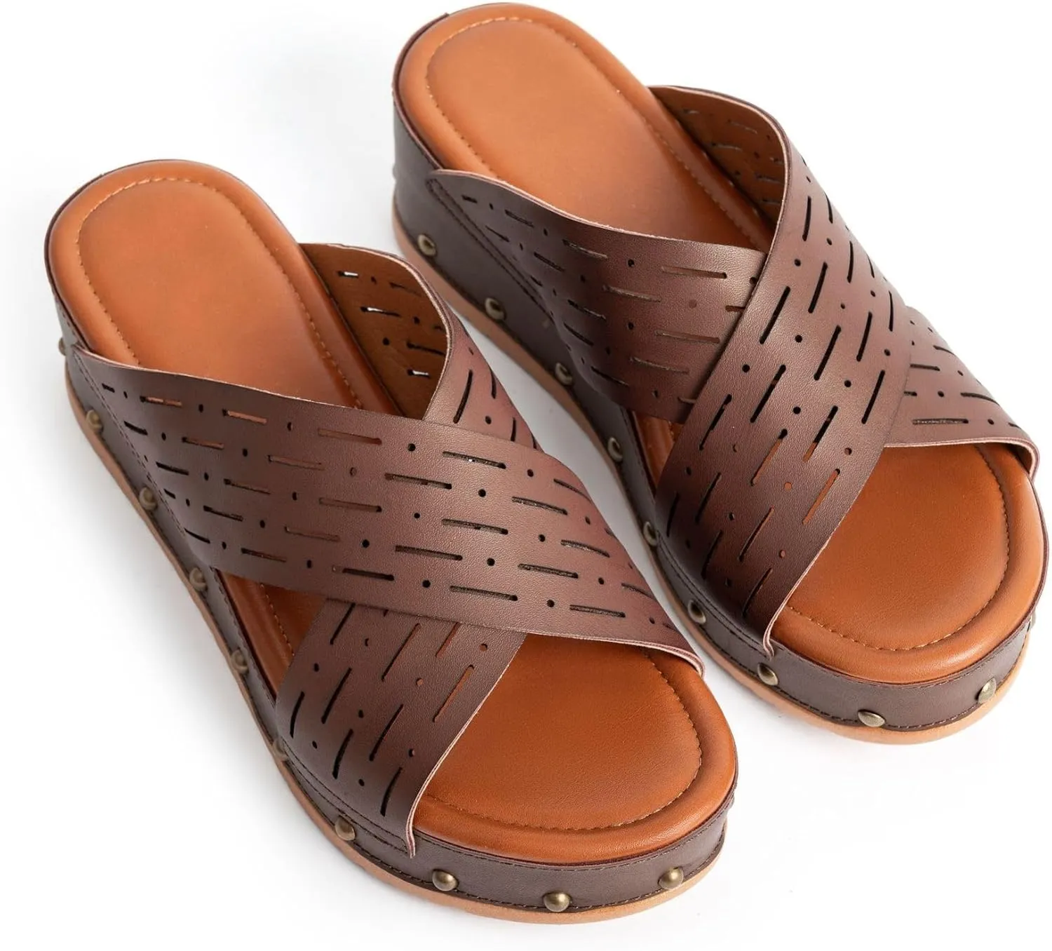 Women's Leather Studded Wedge Slide Sandals Fashion Open Toe Non-Slip Slip-On Platform Slippers For Outdoor Summer Beach Walking
