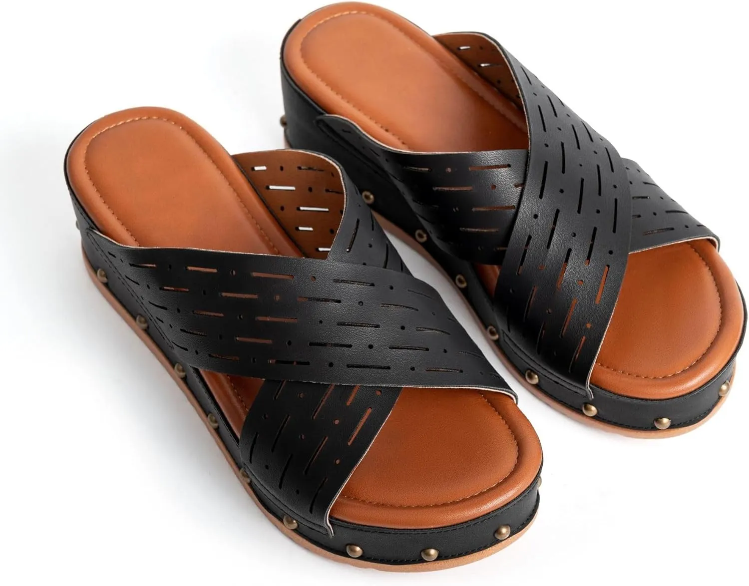 Women's Leather Studded Wedge Slide Sandals Fashion Open Toe Non-Slip Slip-On Platform Slippers For Outdoor Summer Beach Walking