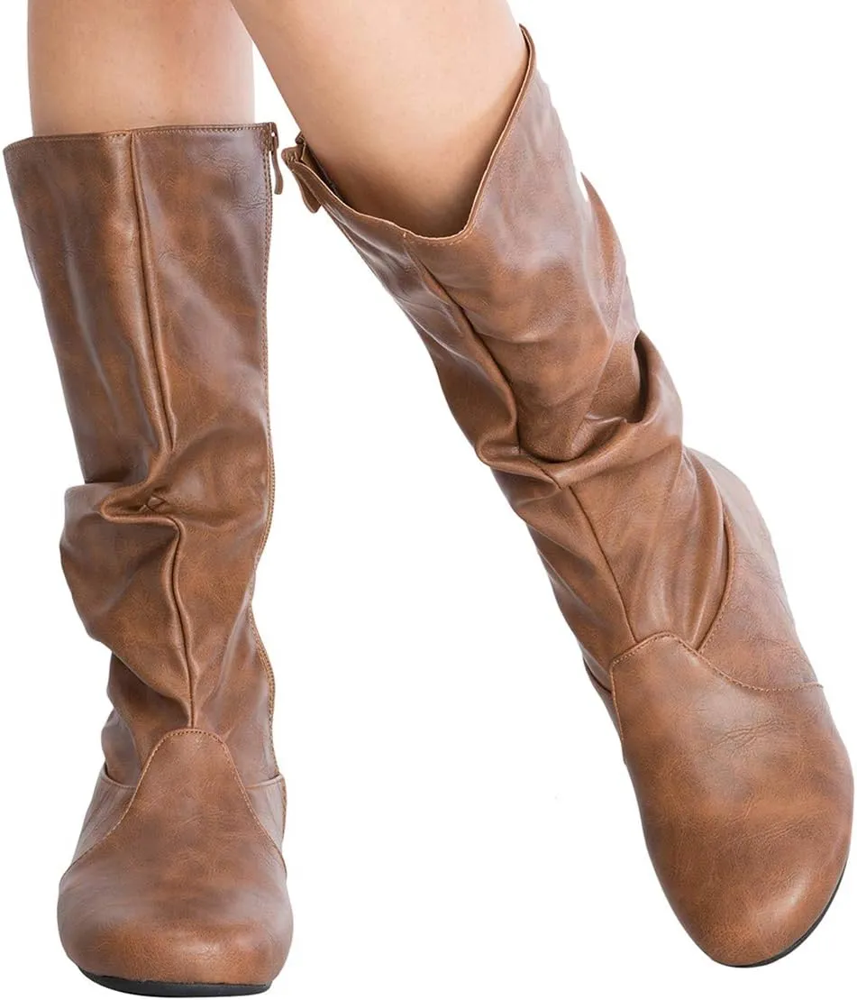 Womens Low Heel Mid-Calf Slouchy Suede Slip On Casual Boots with Side Zipper