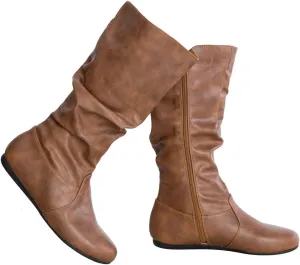 Womens Low Heel Mid-Calf Slouchy Suede Slip On Casual Boots with Side Zipper