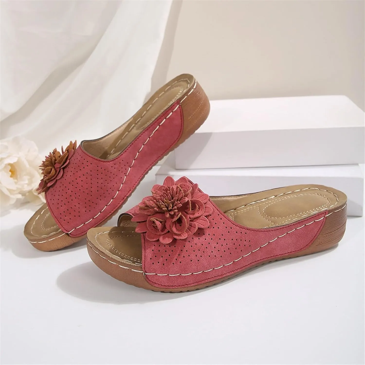 Womens Low Wedge Sandals Retro Bohemian Suede Leather Floral Breathable Slip On Orthopedic Arch Support Slide Sandals