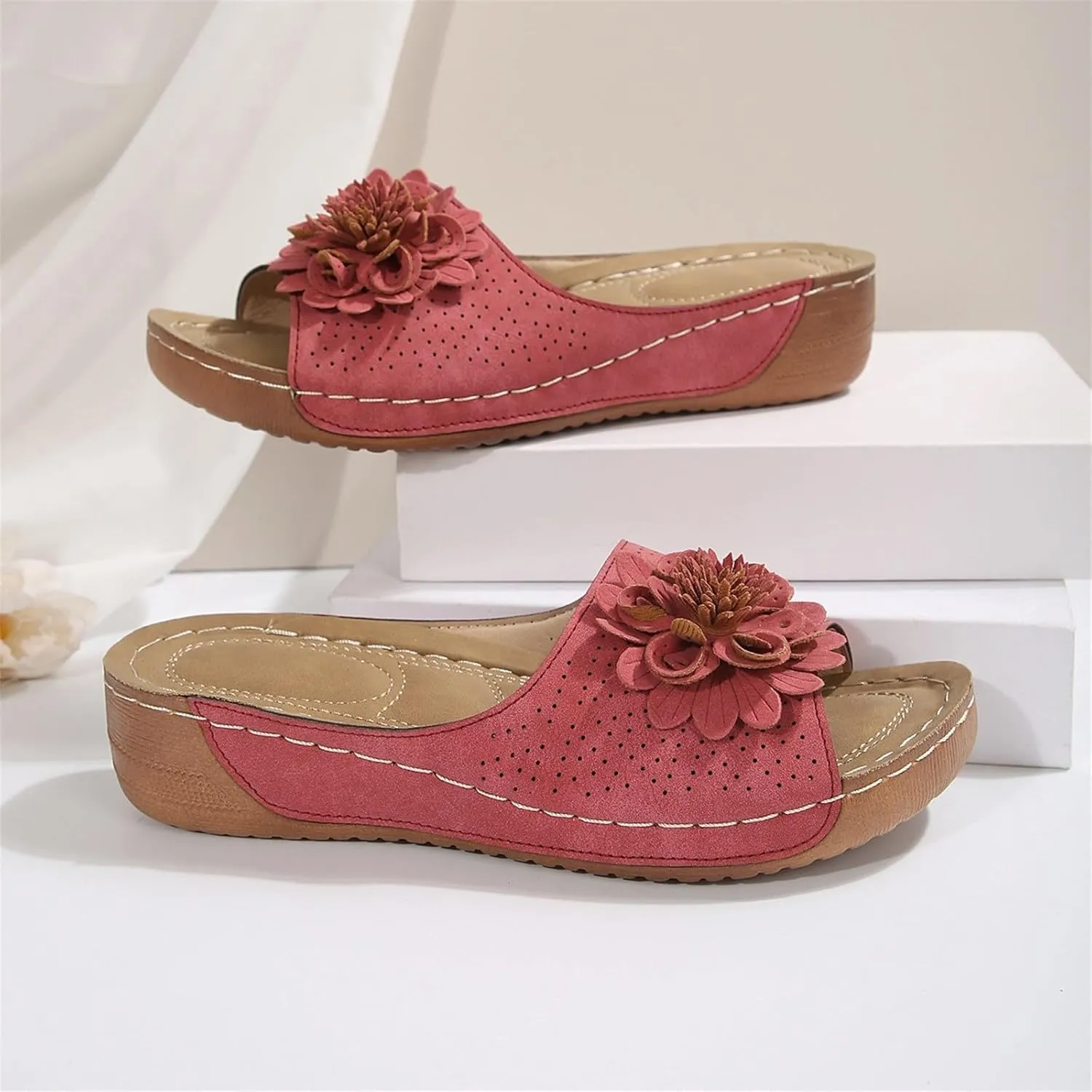 Womens Low Wedge Sandals Retro Bohemian Suede Leather Floral Breathable Slip On Orthopedic Arch Support Slide Sandals