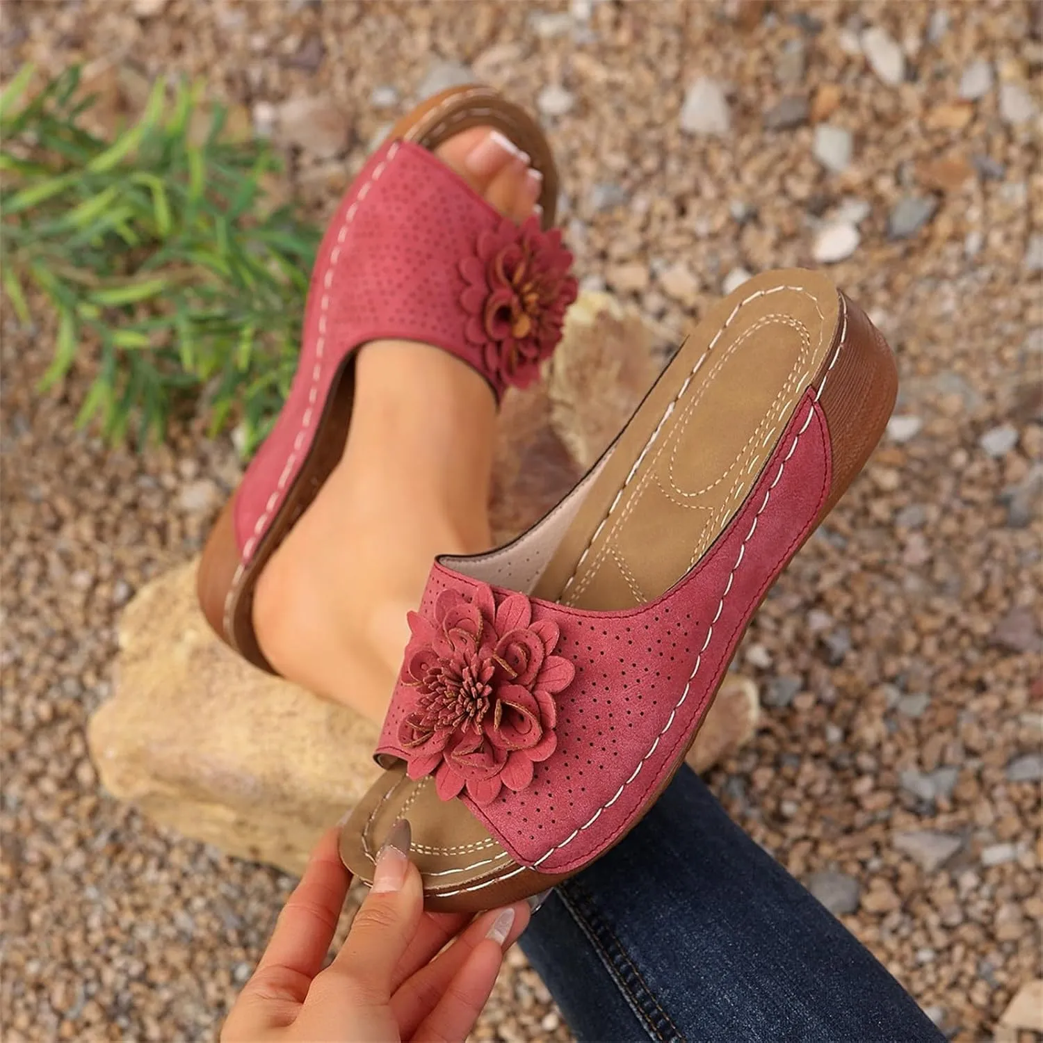 Womens Low Wedge Sandals Retro Bohemian Suede Leather Floral Breathable Slip On Orthopedic Arch Support Slide Sandals