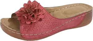 Womens Low Wedge Sandals Retro Bohemian Suede Leather Floral Breathable Slip On Orthopedic Arch Support Slide Sandals