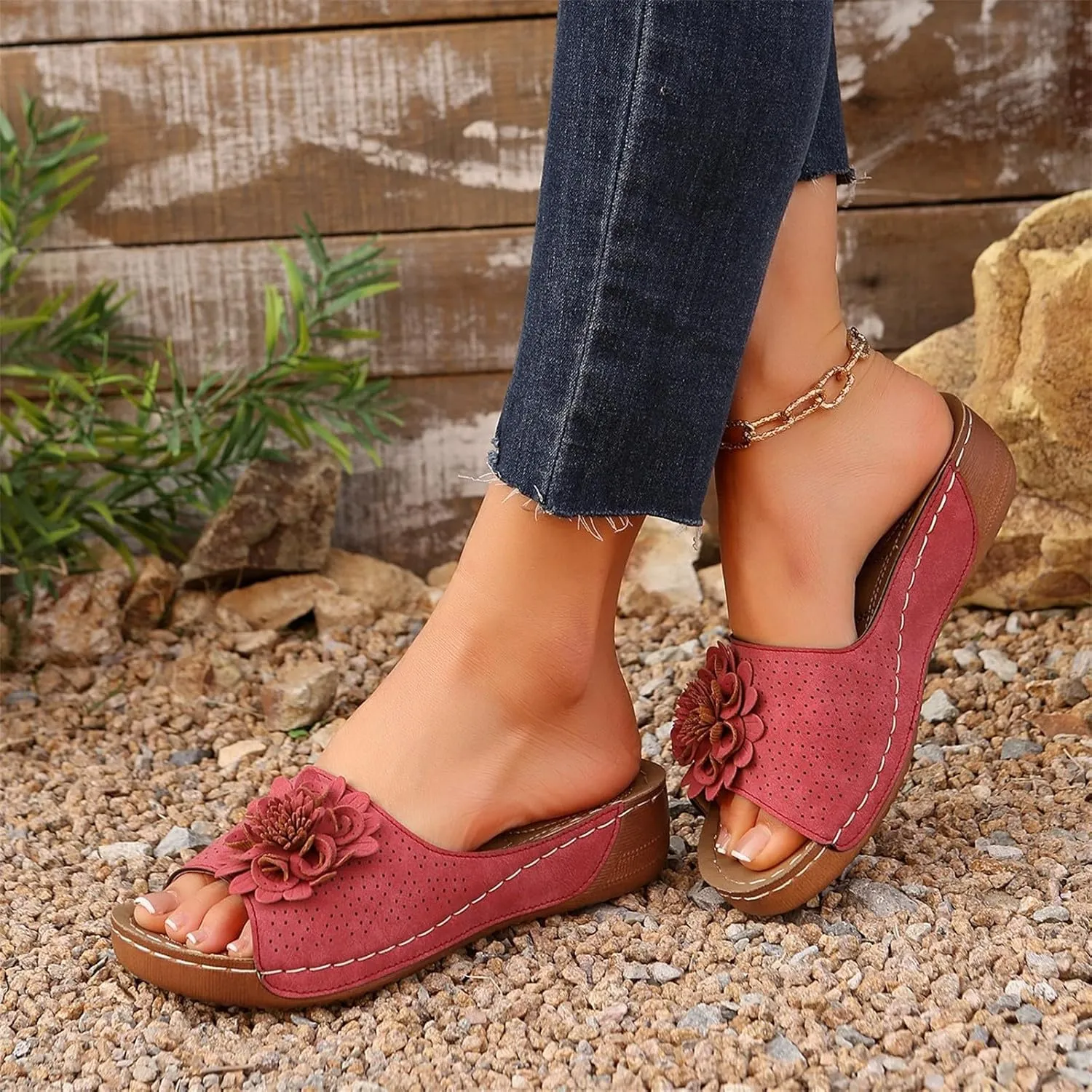 Womens Low Wedge Sandals Retro Bohemian Suede Leather Floral Breathable Slip On Orthopedic Arch Support Slide Sandals