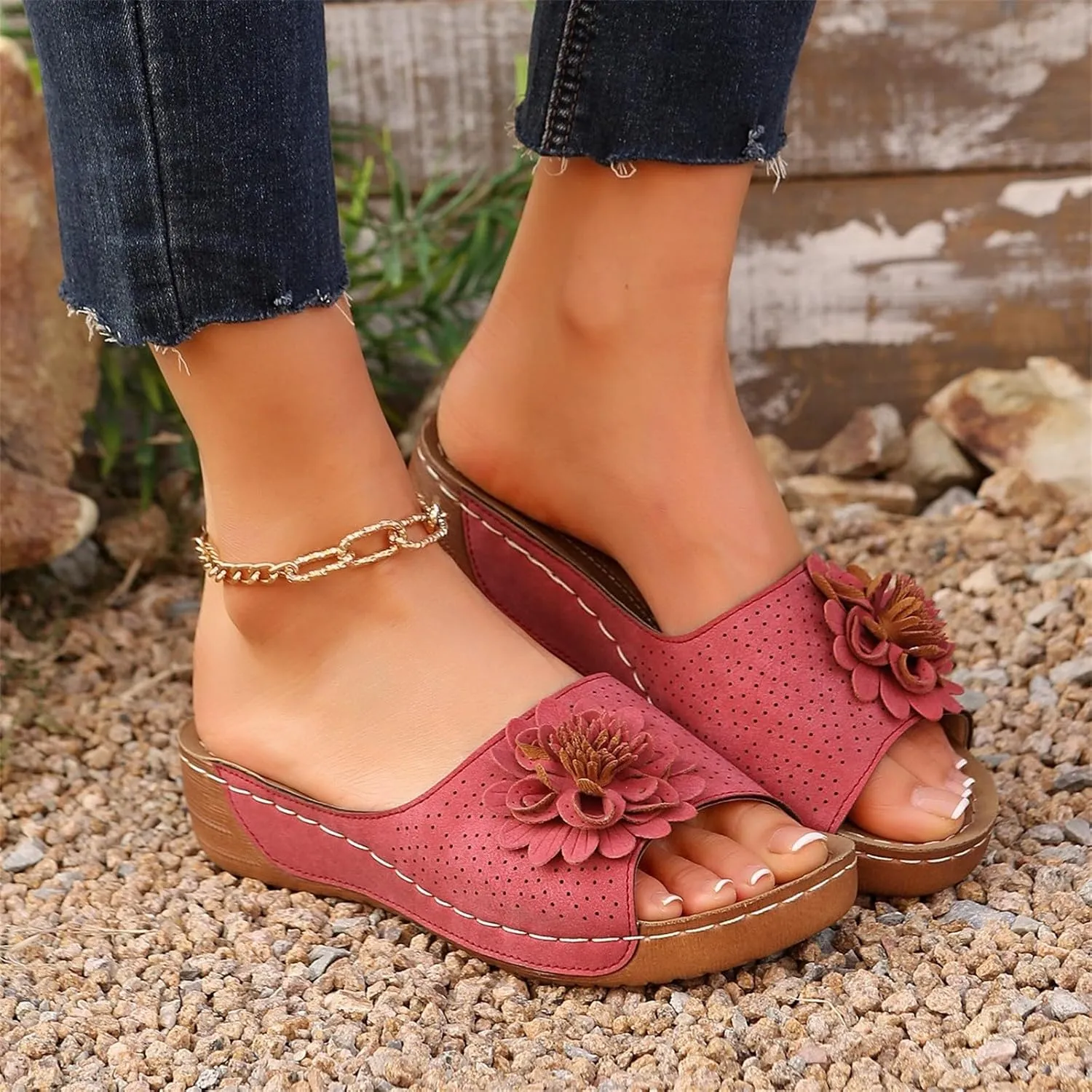 Womens Low Wedge Sandals Retro Bohemian Suede Leather Floral Breathable Slip On Orthopedic Arch Support Slide Sandals