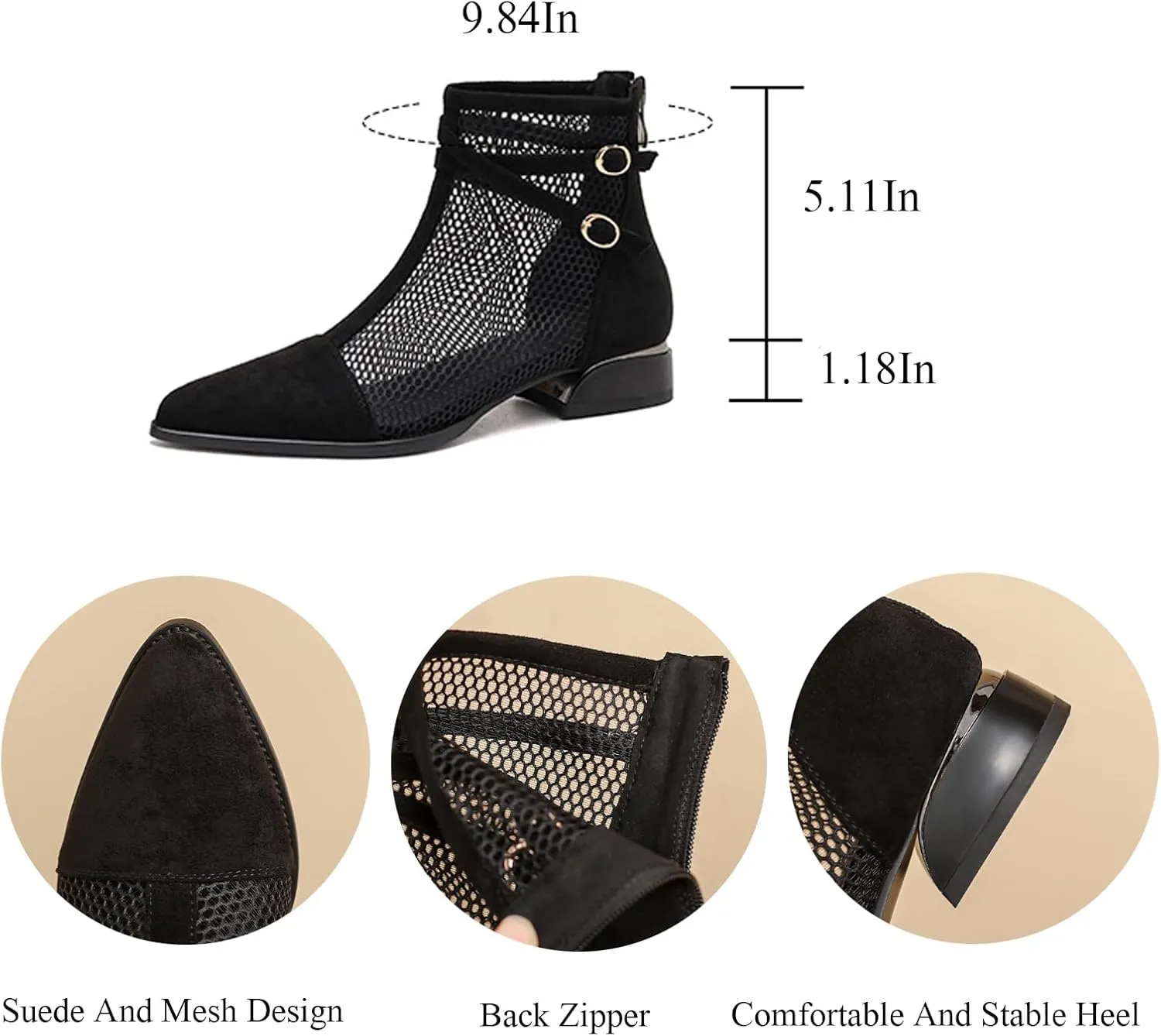 Women'S Mesh Low Chunky Heel Ankle Boots Fashion Back Zipper Comfortable Breathable Block Heel Dress Booties Sandals