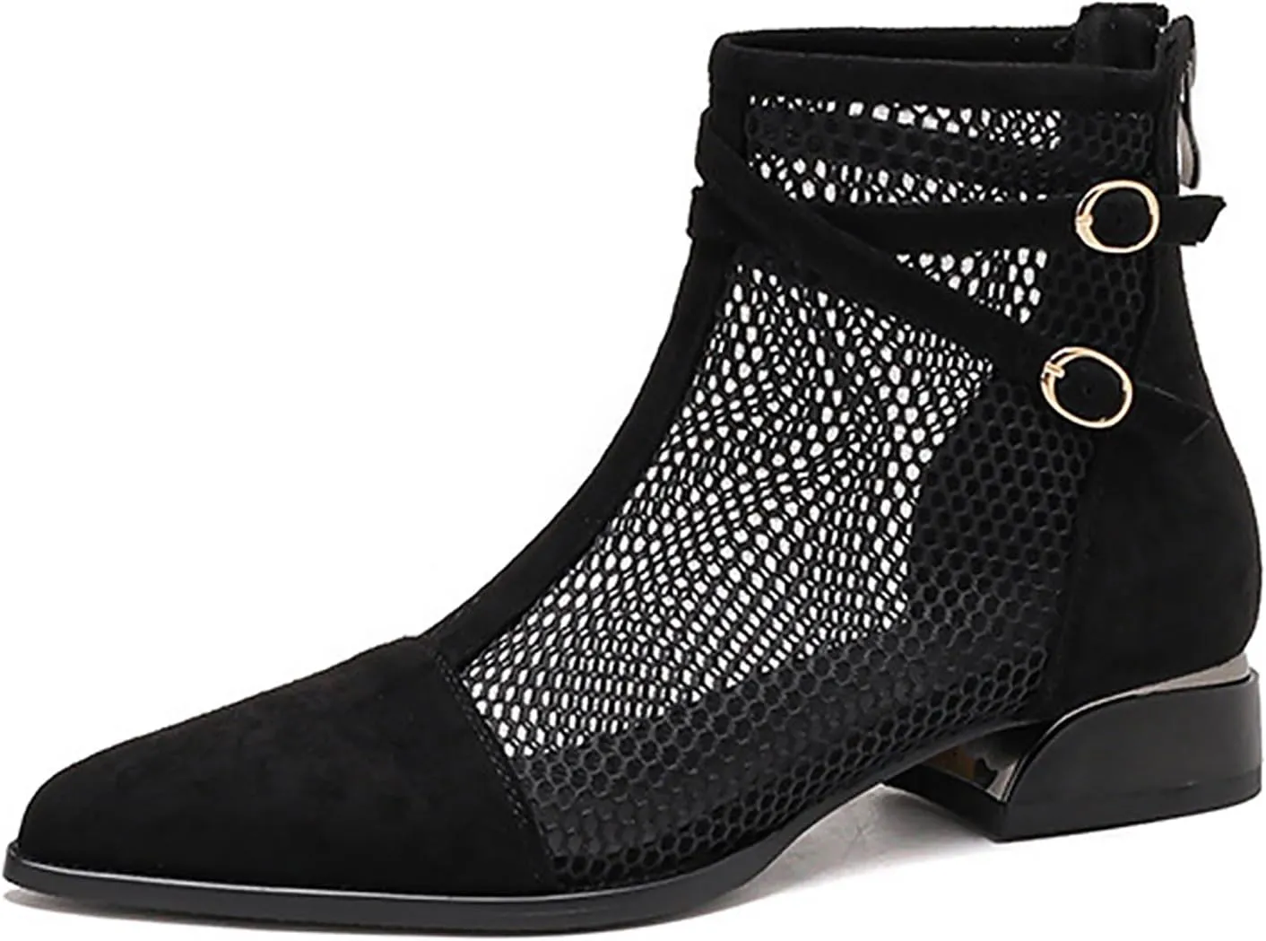 Women'S Mesh Low Chunky Heel Ankle Boots Fashion Back Zipper Comfortable Breathable Block Heel Dress Booties Sandals