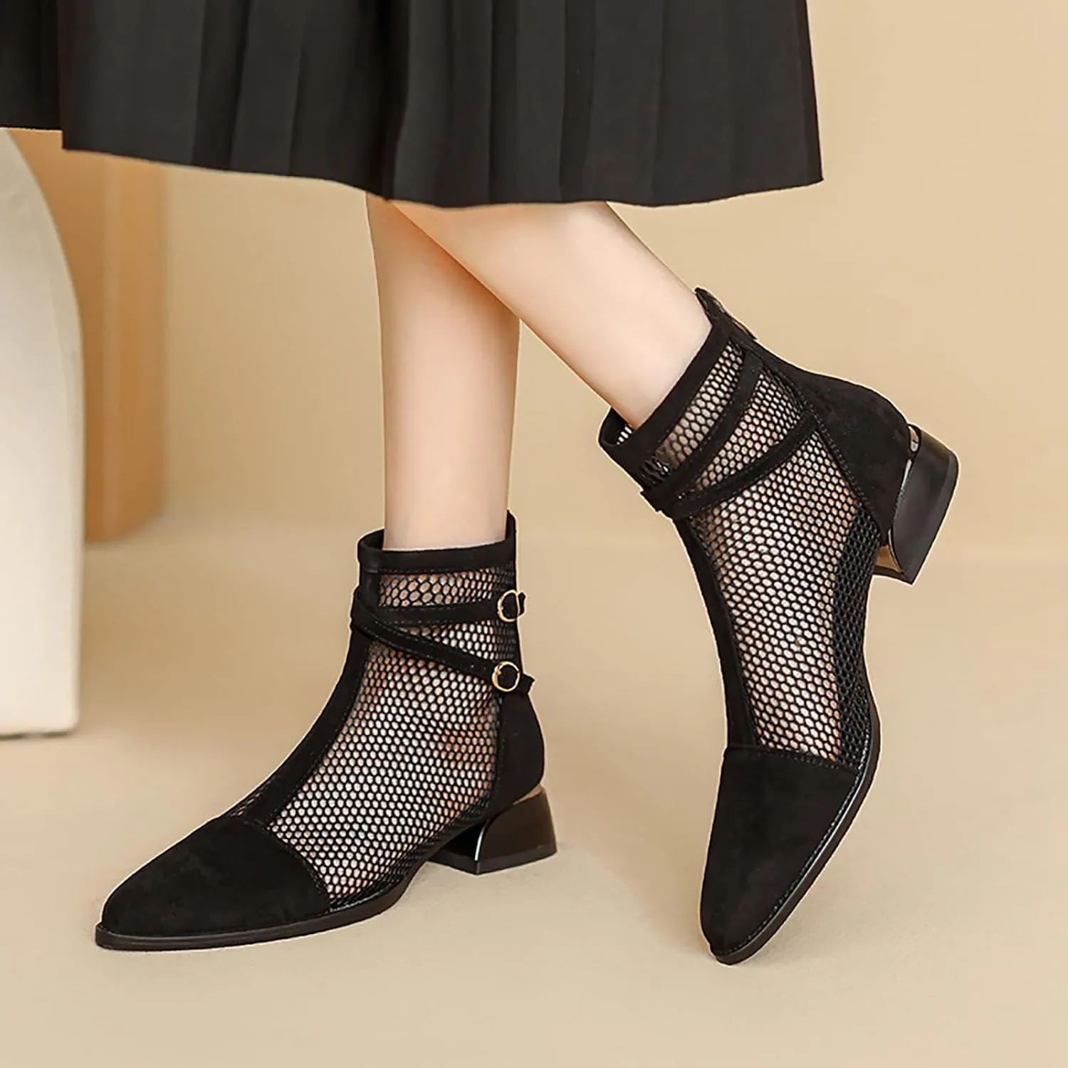Women'S Mesh Low Chunky Heel Ankle Boots Fashion Back Zipper Comfortable Breathable Block Heel Dress Booties Sandals