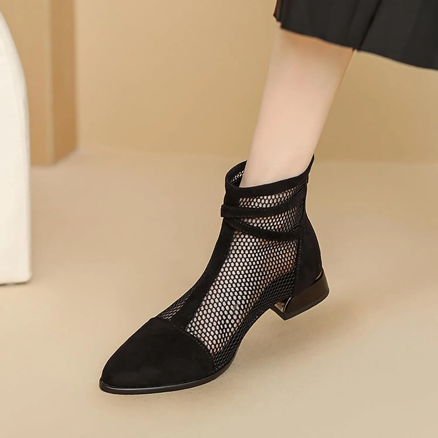 Women'S Mesh Low Chunky Heel Ankle Boots Fashion Back Zipper Comfortable Breathable Block Heel Dress Booties Sandals