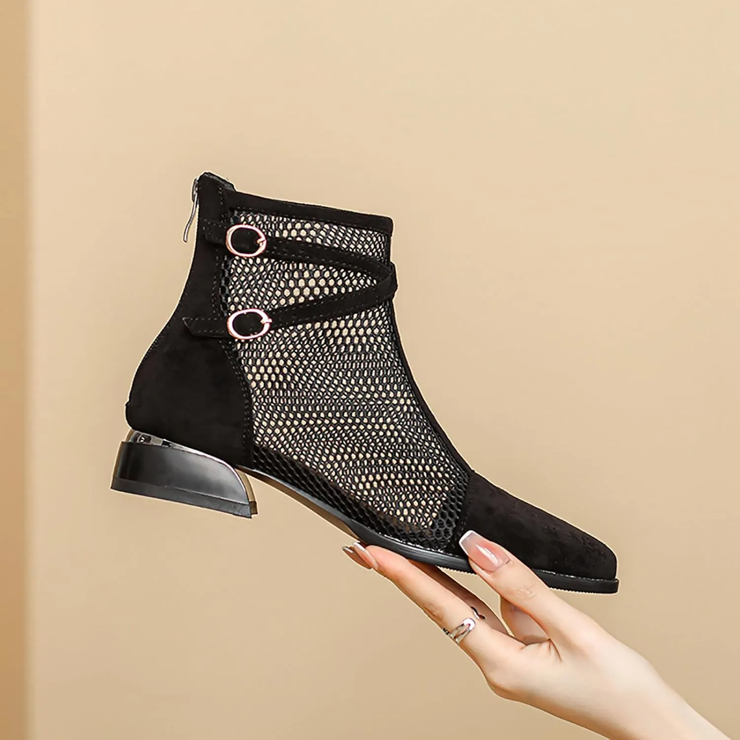 Women'S Mesh Low Chunky Heel Ankle Boots Fashion Back Zipper Comfortable Breathable Block Heel Dress Booties Sandals