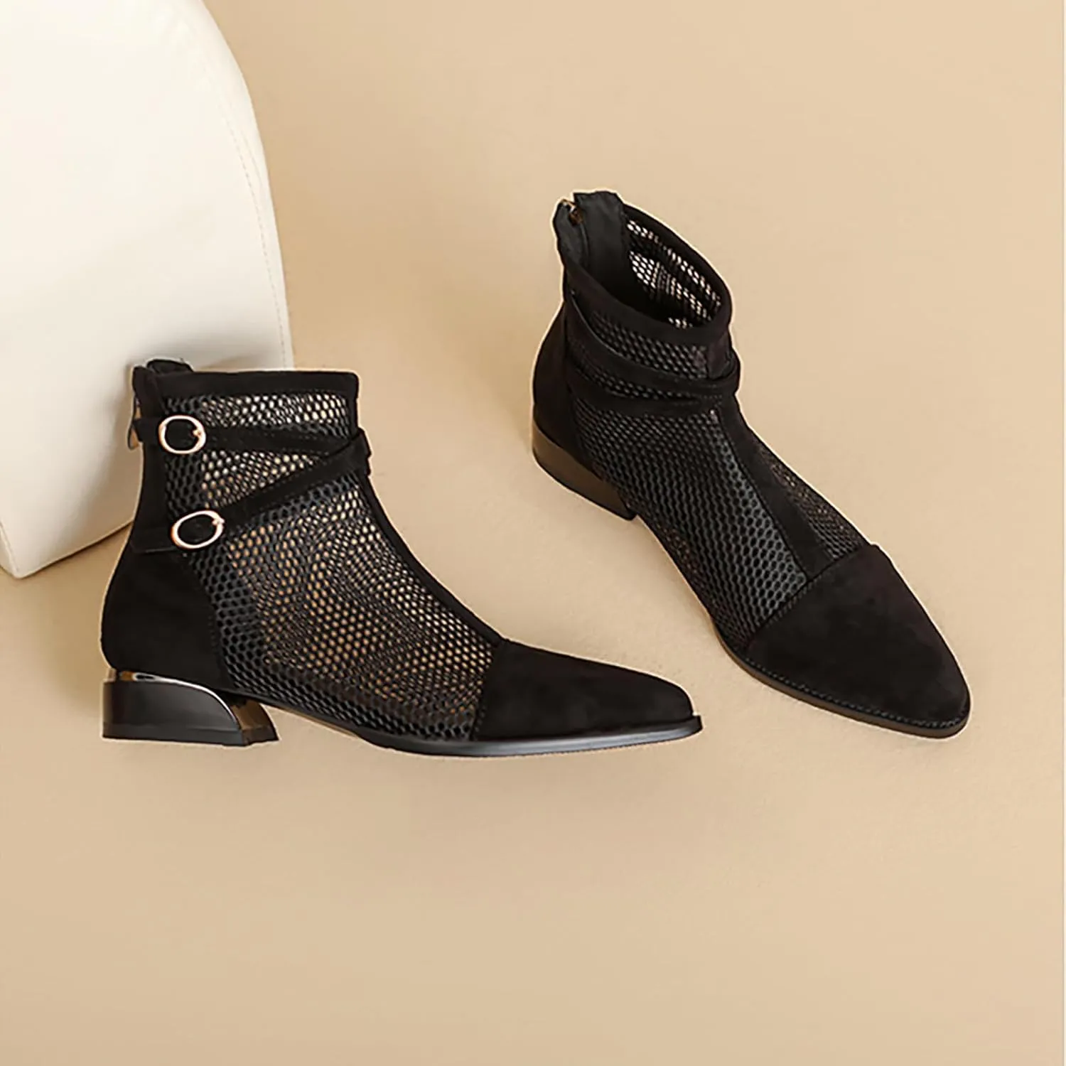 Women'S Mesh Low Chunky Heel Ankle Boots Fashion Back Zipper Comfortable Breathable Block Heel Dress Booties Sandals