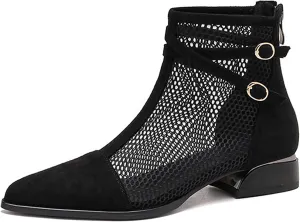 Women'S Mesh Low Chunky Heel Ankle Boots Fashion Back Zipper Comfortable Breathable Block Heel Dress Booties Sandals
