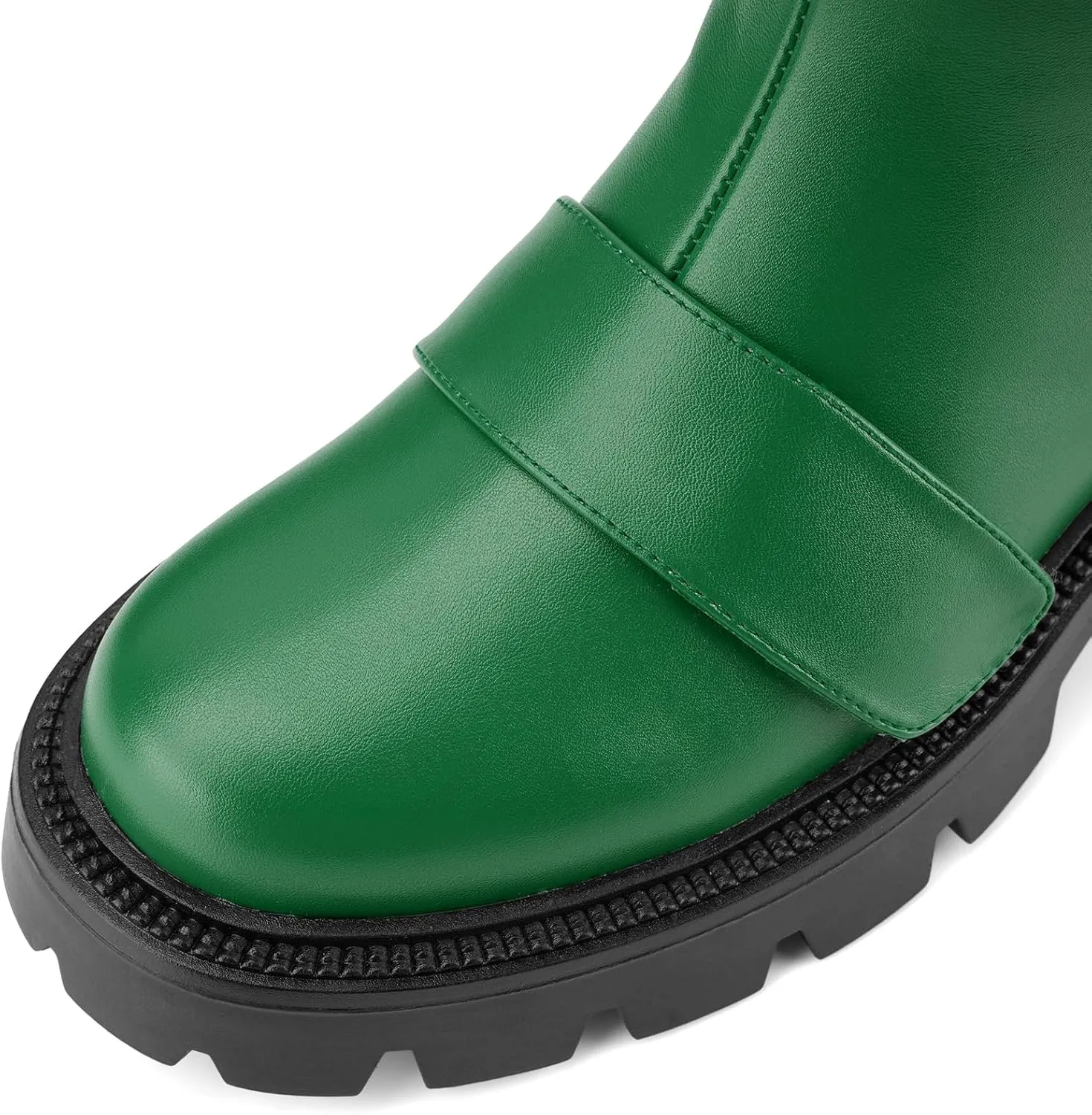 Women's Mid Calf Black Boots Biker Motorcycle Riding Booties Round Toe Slip On Comfortable Chunky Lug Sole Shoes with Buckle for Ladies