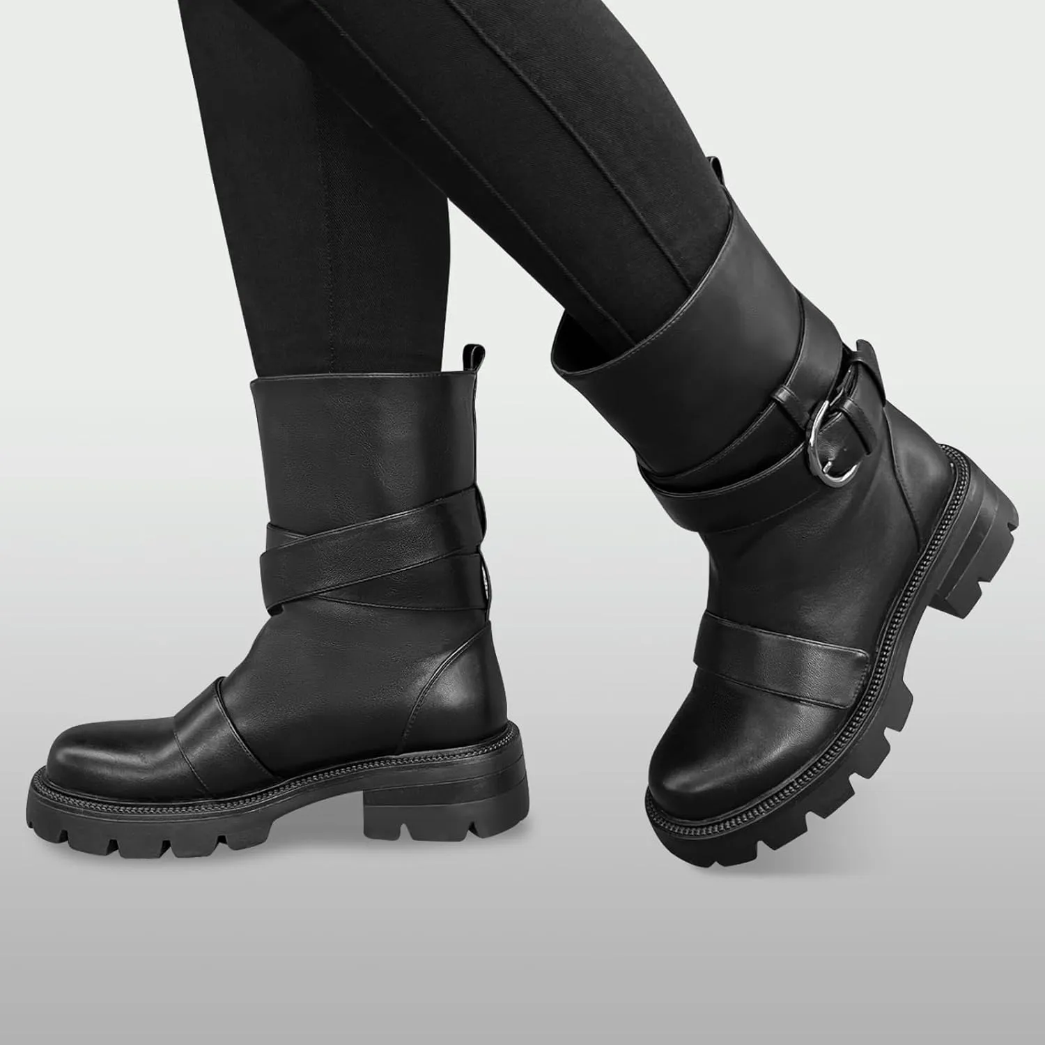 Women's Mid Calf Black Boots Biker Motorcycle Riding Booties Round Toe Slip On Comfortable Chunky Lug Sole Shoes with Buckle for Ladies