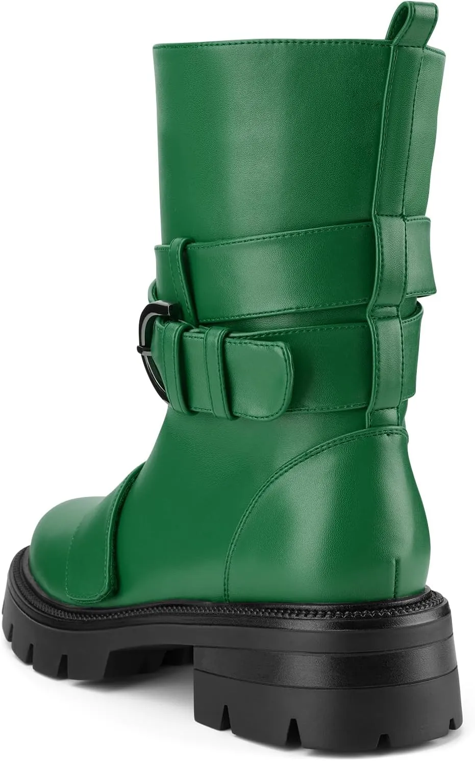 Women's Mid Calf Black Boots Biker Motorcycle Riding Booties Round Toe Slip On Comfortable Chunky Lug Sole Shoes with Buckle for Ladies
