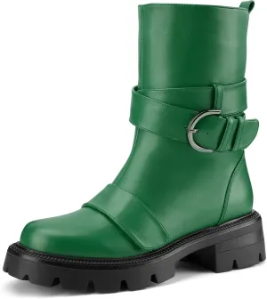 Women's Mid Calf Black Boots Biker Motorcycle Riding Booties Round Toe Slip On Comfortable Chunky Lug Sole Shoes with Buckle for Ladies